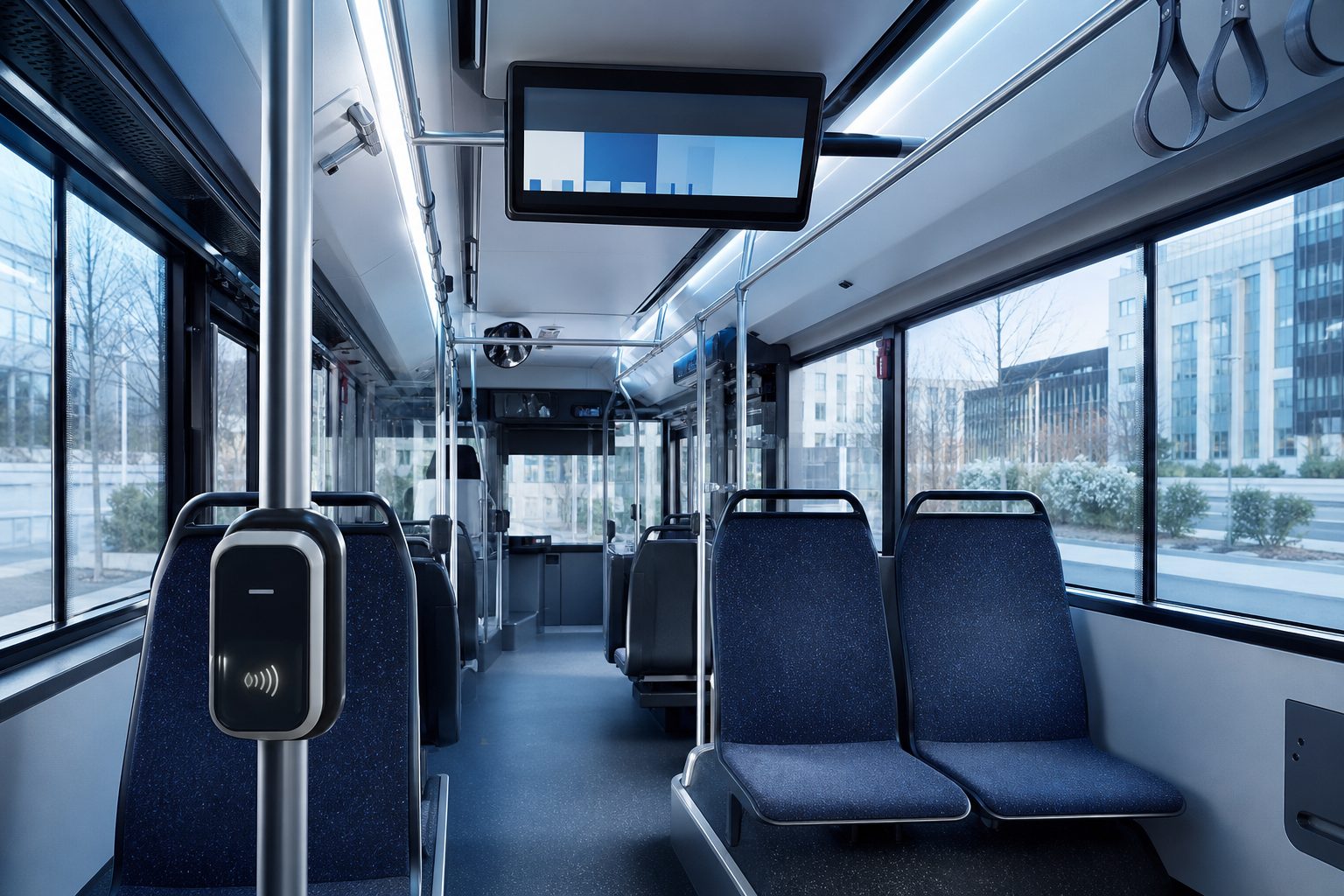 Intérieur d'un bus urbain équipé d'un écran d'information voyageurs au plafond et d'un valideur sans contact sur poteau