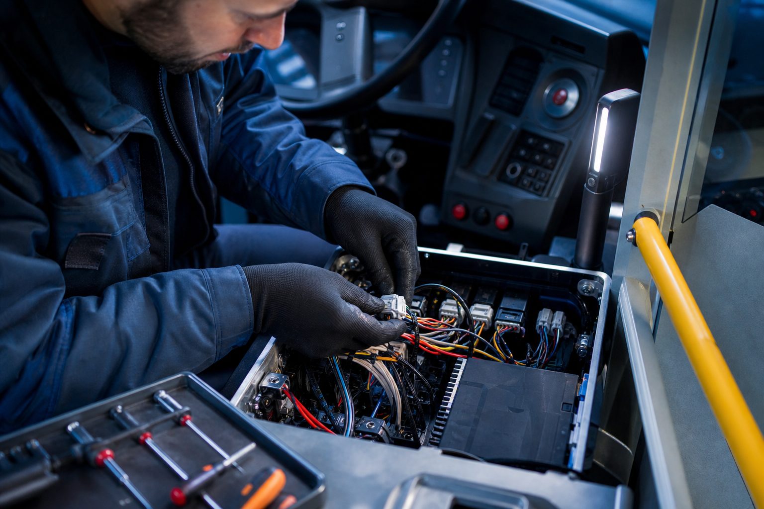 Technicien raccordant un faisceau de câbles à un calculateur embarqué dans le poste de conduite d'un bus urbain